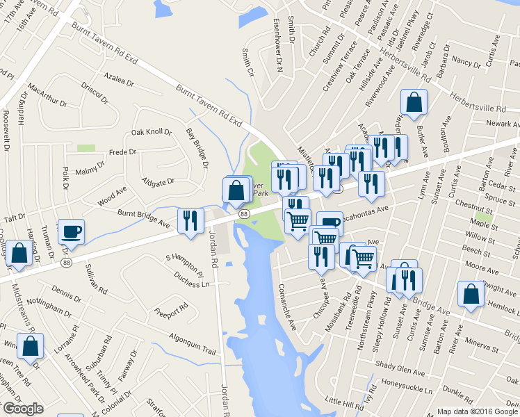 map of restaurants, bars, coffee shops, grocery stores, and more near 3220 New Jersey 88 in Point Pleasant
