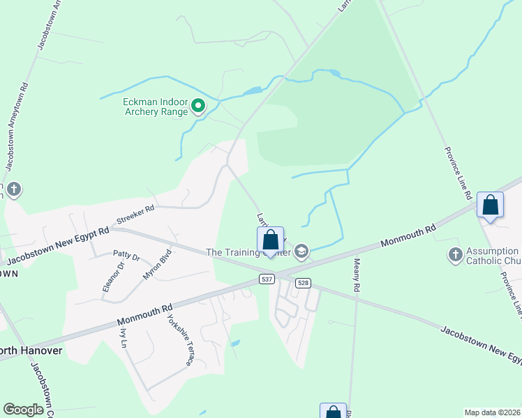 map of restaurants, bars, coffee shops, grocery stores, and more near 46 Larrison Road in Wrightstown