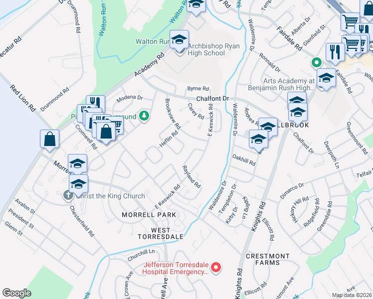map of restaurants, bars, coffee shops, grocery stores, and more near 3566 Kyle Road in Philadelphia