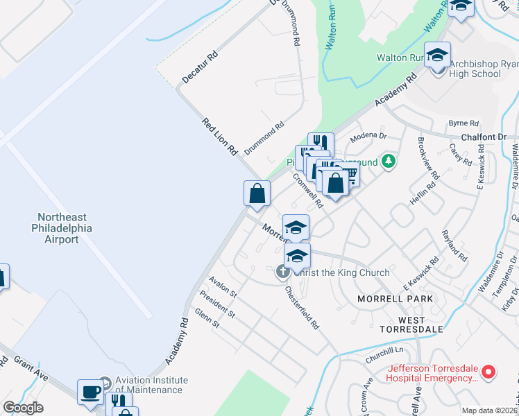 map of restaurants, bars, coffee shops, grocery stores, and more near 10109 North Canterbury Road in Philadelphia