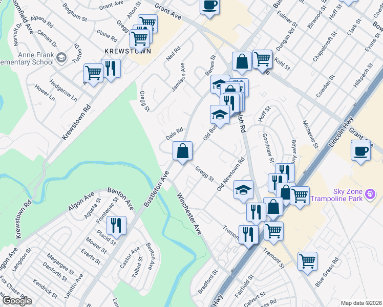map of restaurants, bars, coffee shops, grocery stores, and more near 9120 Bustleton Avenue in Philadelphia