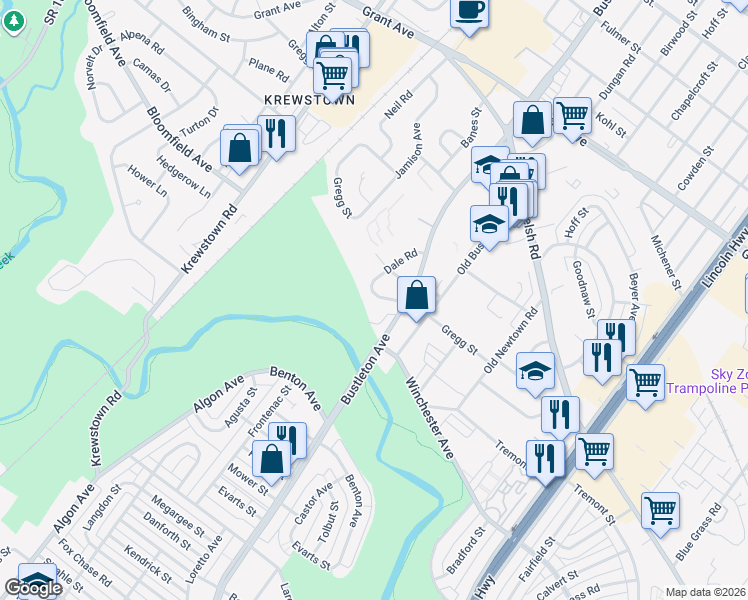 map of restaurants, bars, coffee shops, grocery stores, and more near 1705 Chestnut Lane in Philadelphia