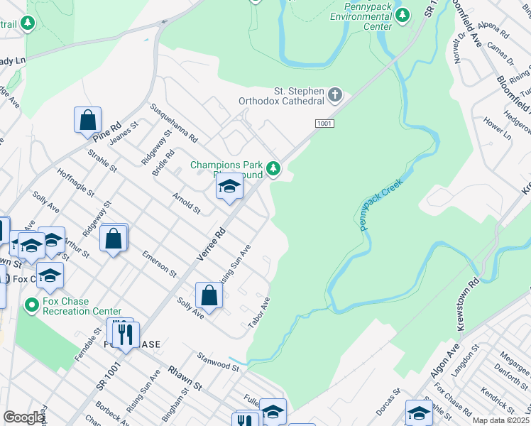 map of restaurants, bars, coffee shops, grocery stores, and more near 8529 Rising Sun Avenue in Philadelphia