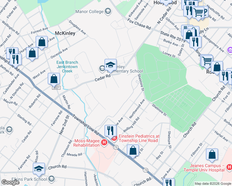 map of restaurants, bars, coffee shops, grocery stores, and more near 314 Glen Lane in Elkins Park