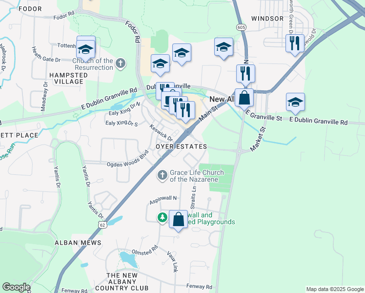 map of restaurants, bars, coffee shops, grocery stores, and more near 6074 Johnstown Road in New Albany
