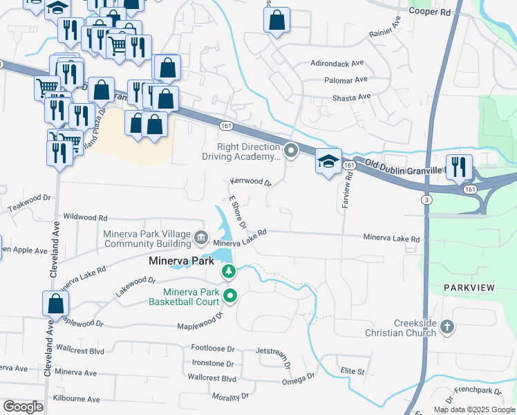 map of restaurants, bars, coffee shops, grocery stores, and more near 5266 East Shore Drive in Columbus