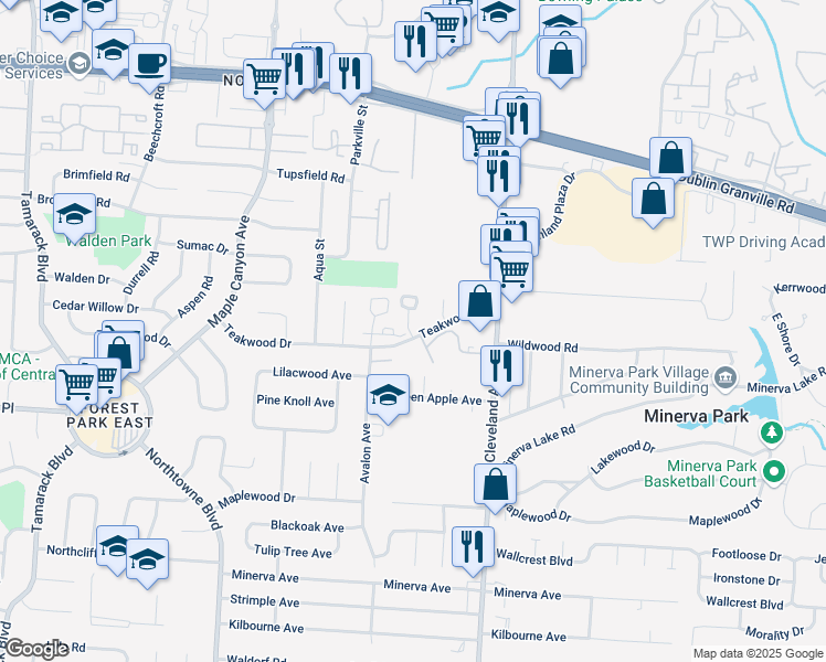 map of restaurants, bars, coffee shops, grocery stores, and more near 38 Mallards Landing in Columbus
