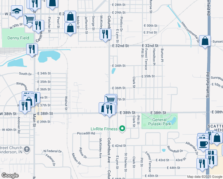 map of restaurants, bars, coffee shops, grocery stores, and more near 3620 Columbus Avenue in Anderson