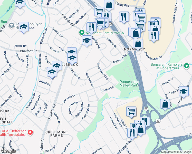 map of restaurants, bars, coffee shops, grocery stores, and more near 11729 Denman Road in Philadelphia