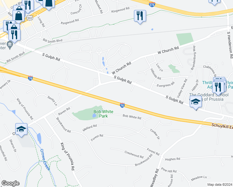 map of restaurants, bars, coffee shops, grocery stores, and more near 555 Croton Road in King of Prussia