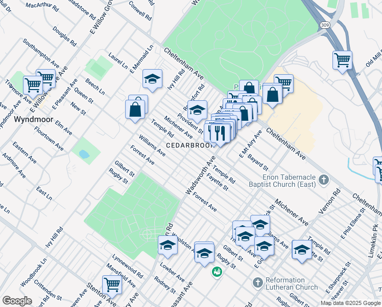 map of restaurants, bars, coffee shops, grocery stores, and more near 8446 Temple Road in Philadelphia