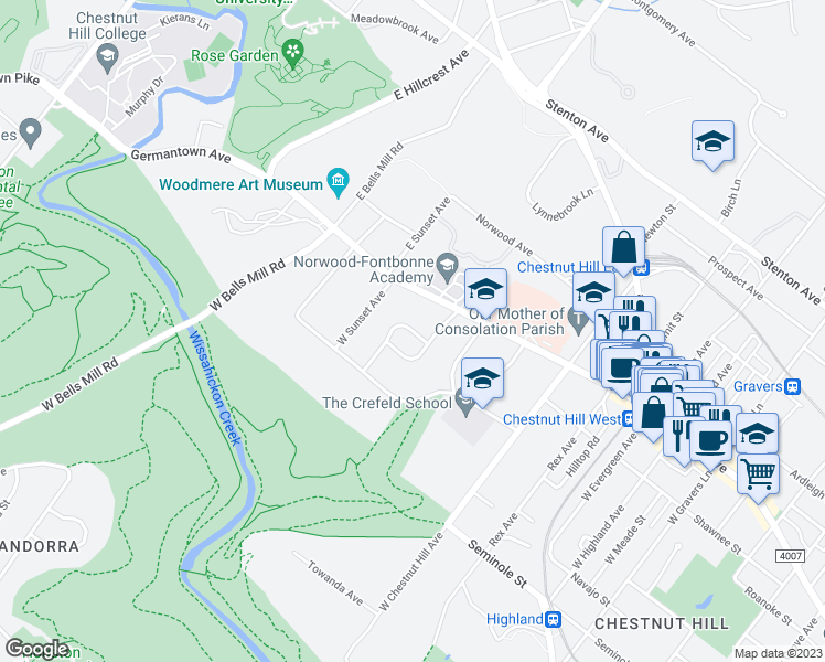 map of restaurants, bars, coffee shops, grocery stores, and more near Valley View Road in Philadelphia