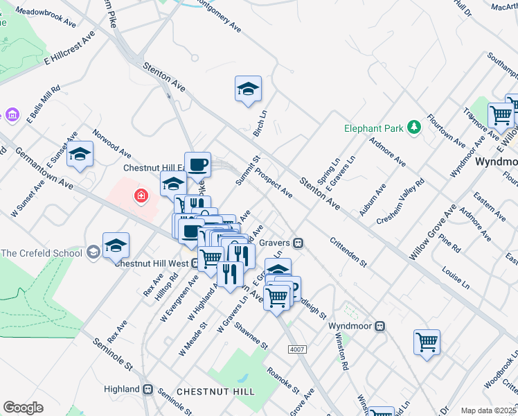 map of restaurants, bars, coffee shops, grocery stores, and more near 307 East Highland Avenue in Philadelphia