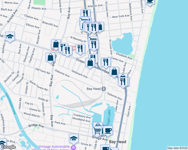 map of restaurants, bars, coffee shops, grocery stores, and more near 1210 Charleston Street in Point Pleasant Beach