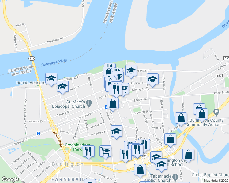 map of restaurants, bars, coffee shops, grocery stores, and more near 328 High Street in Burlington