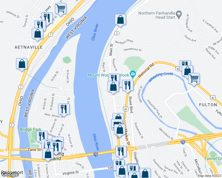 map of restaurants, bars, coffee shops, grocery stores, and more near 23 Garden Court in Wheeling