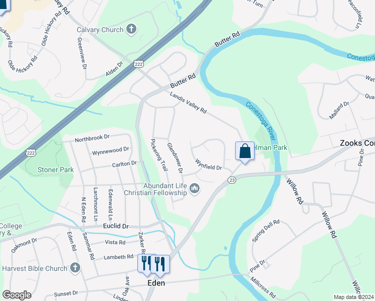 map of restaurants, bars, coffee shops, grocery stores, and more near 2042 Wynfield Drive in Lancaster