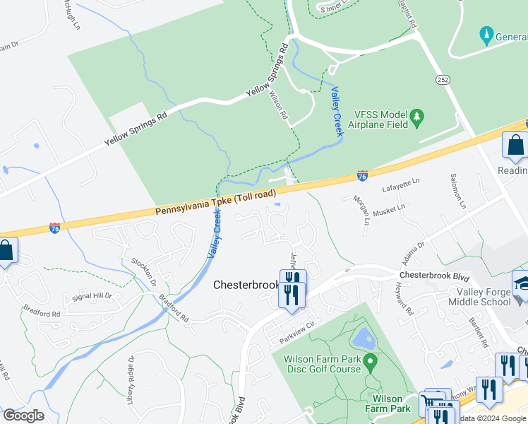 map of restaurants, bars, coffee shops, grocery stores, and more near 302 Applehouse Pond in Chesterbrook