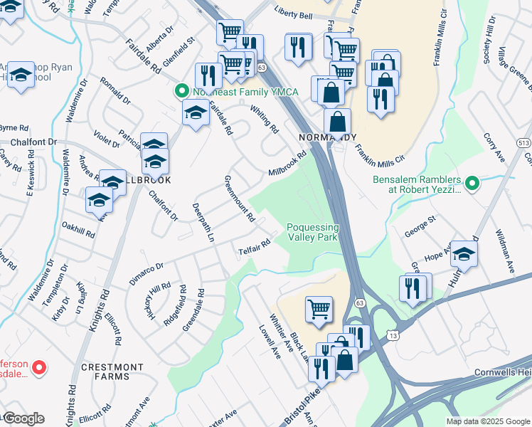 map of restaurants, bars, coffee shops, grocery stores, and more near 11777 Dimarco Drive in Philadelphia