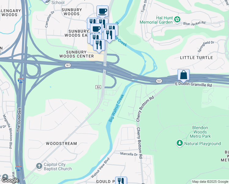 map of restaurants, bars, coffee shops, grocery stores, and more near 5916 Sunbury Road in Columbus