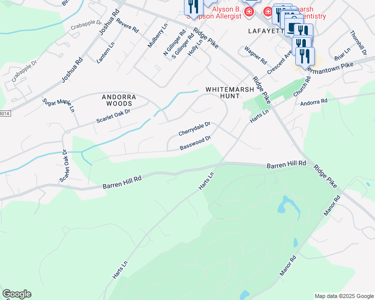 map of restaurants, bars, coffee shops, grocery stores, and more near 2140 Basswood Drive in Lafayette Hill