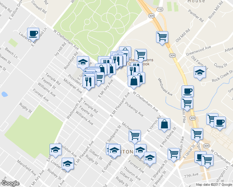 map of restaurants, bars, coffee shops, grocery stores, and more near 8225 Pickering Avenue in Philadelphia