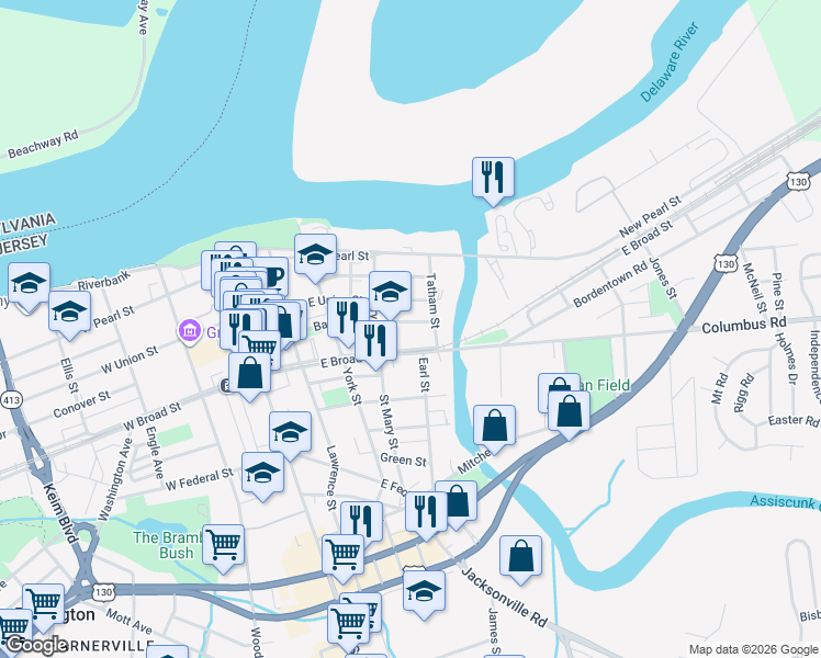 map of restaurants, bars, coffee shops, grocery stores, and more near 352 East Broad Street in Burlington