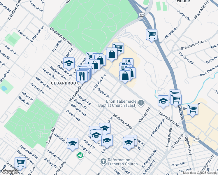 map of restaurants, bars, coffee shops, grocery stores, and more near 8225 Pickering Avenue in Philadelphia