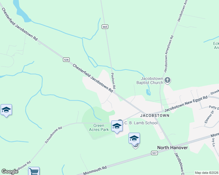 map of restaurants, bars, coffee shops, grocery stores, and more near 82 Chesterfield Jacobstown Road in Wrightstown