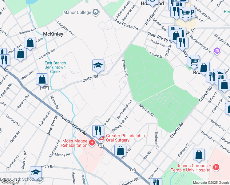 map of restaurants, bars, coffee shops, grocery stores, and more near 445 Glenmore Avenue in Elkins Park
