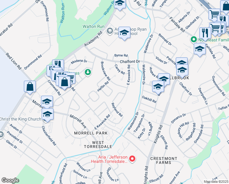 map of restaurants, bars, coffee shops, grocery stores, and more near 3588 Kyle Road in Philadelphia