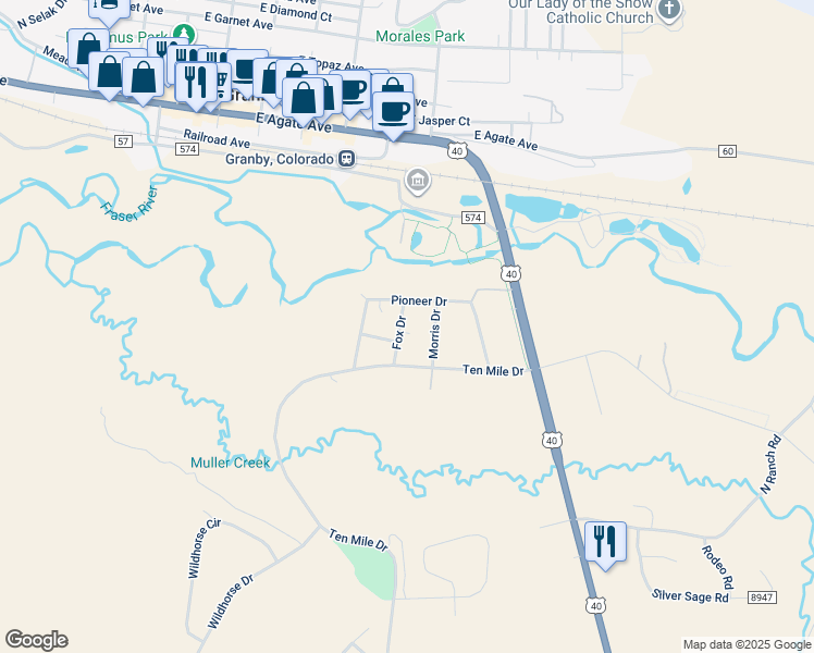 map of restaurants, bars, coffee shops, grocery stores, and more near 20 Fox Drive in Granby