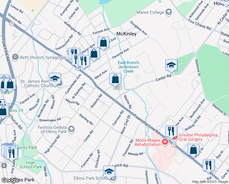map of restaurants, bars, coffee shops, grocery stores, and more near 749 Township Line Road in Elkins Park