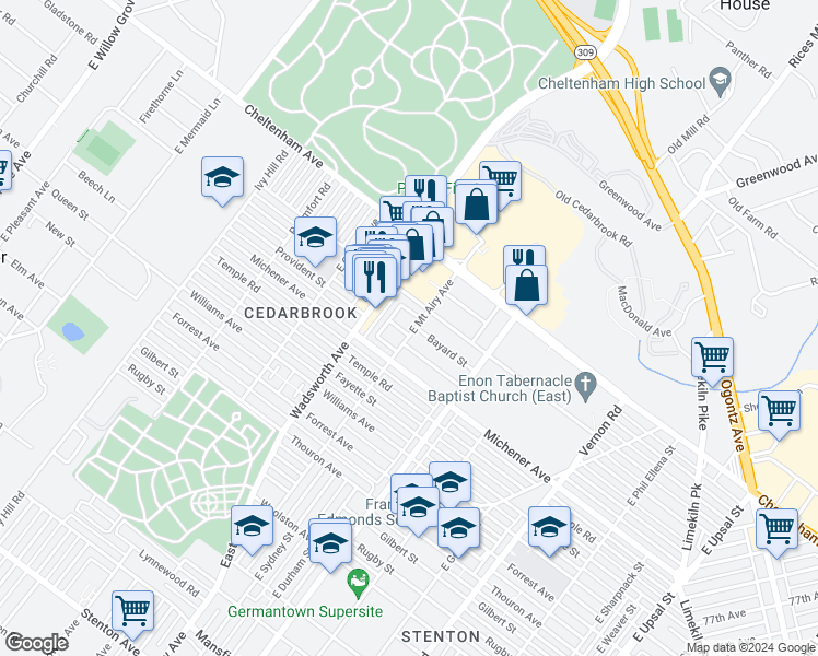 map of restaurants, bars, coffee shops, grocery stores, and more near 1503 East Mount Airy Avenue in Philadelphia
