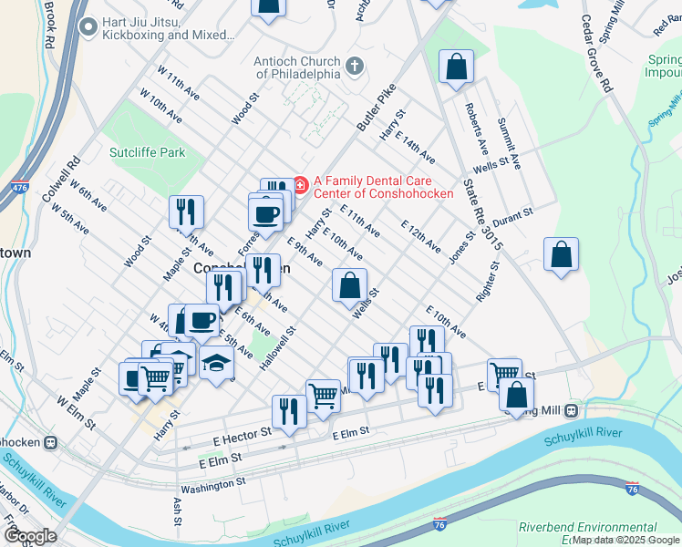 map of restaurants, bars, coffee shops, grocery stores, and more near 217 East 9th Avenue in Conshohocken