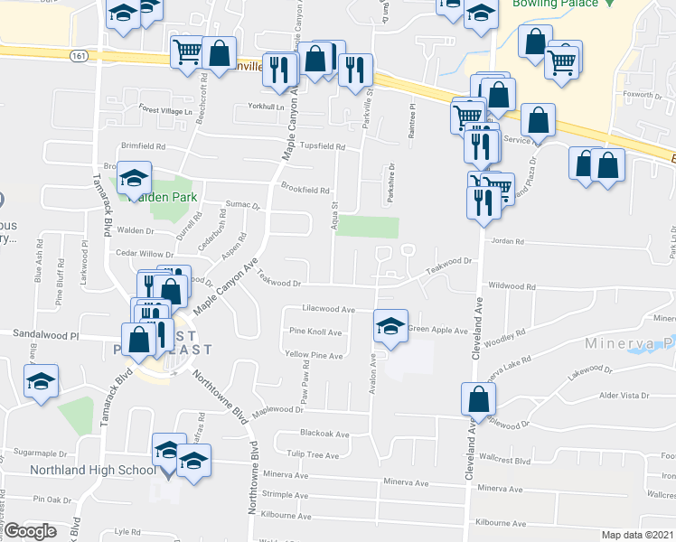 map of restaurants, bars, coffee shops, grocery stores, and more near 2199 Teakwood Drive in Columbus