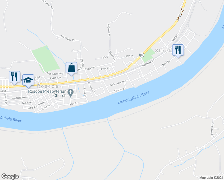 map of restaurants, bars, coffee shops, grocery stores, and more near 58 Elm Street in Allenport