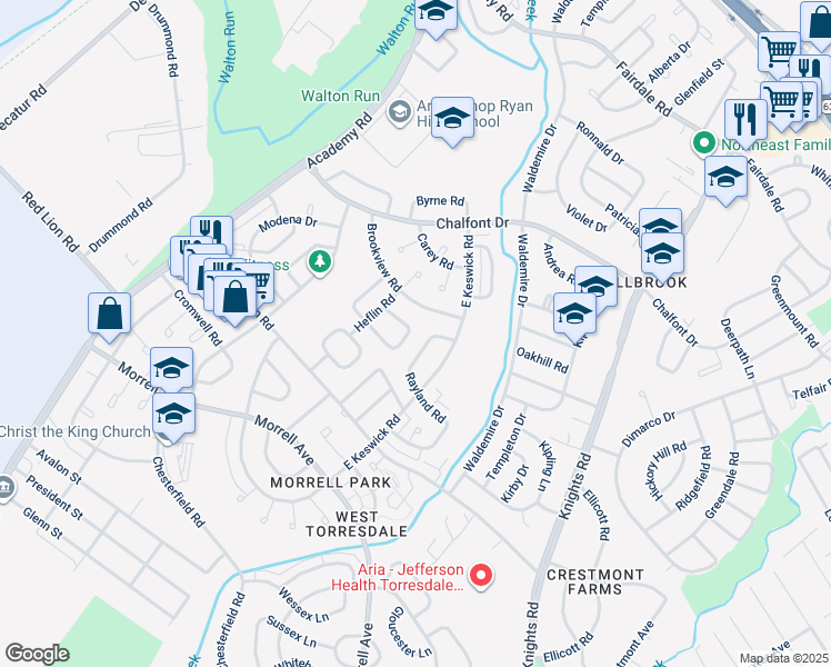 map of restaurants, bars, coffee shops, grocery stores, and more near 3588 Kyle Road in Philadelphia