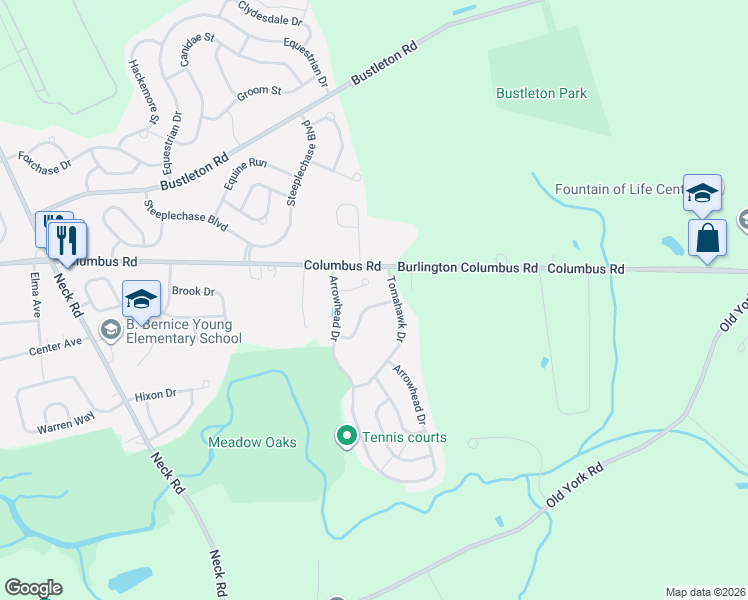 map of restaurants, bars, coffee shops, grocery stores, and more near 20 Cherokee Trail in Burlington