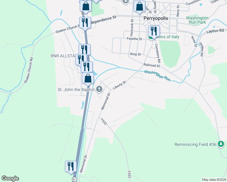 map of restaurants, bars, coffee shops, grocery stores, and more near 102 Liberty Street in Perryopolis