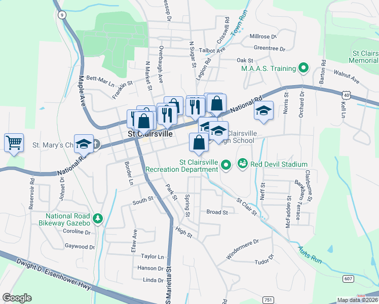 map of restaurants, bars, coffee shops, grocery stores, and more near 124 South Sugar Street in Saint Clairsville