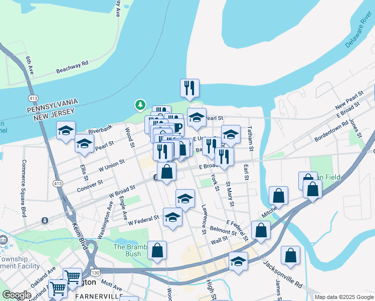 map of restaurants, bars, coffee shops, grocery stores, and more near 313 Stacy Street in Burlington