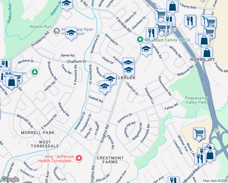 map of restaurants, bars, coffee shops, grocery stores, and more near 11024 Knights Road in Philadelphia