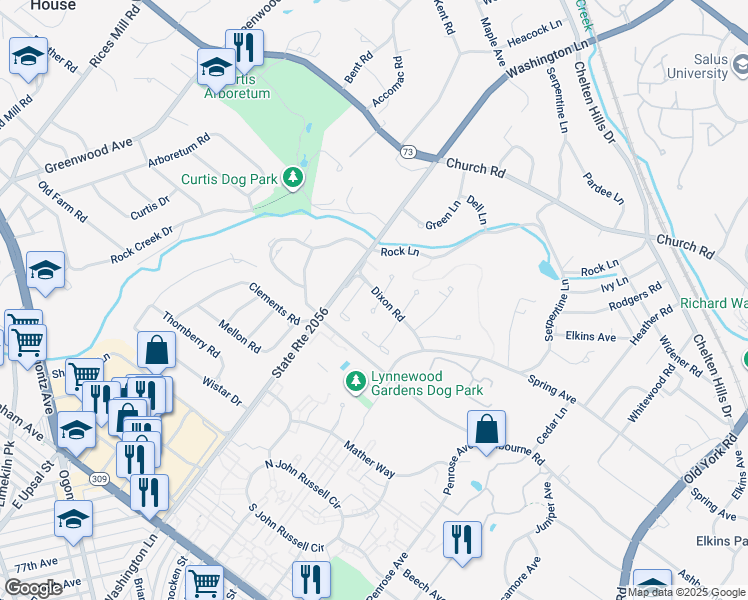 map of restaurants, bars, coffee shops, grocery stores, and more near 7810 Toby Leech Drive in Elkins Park