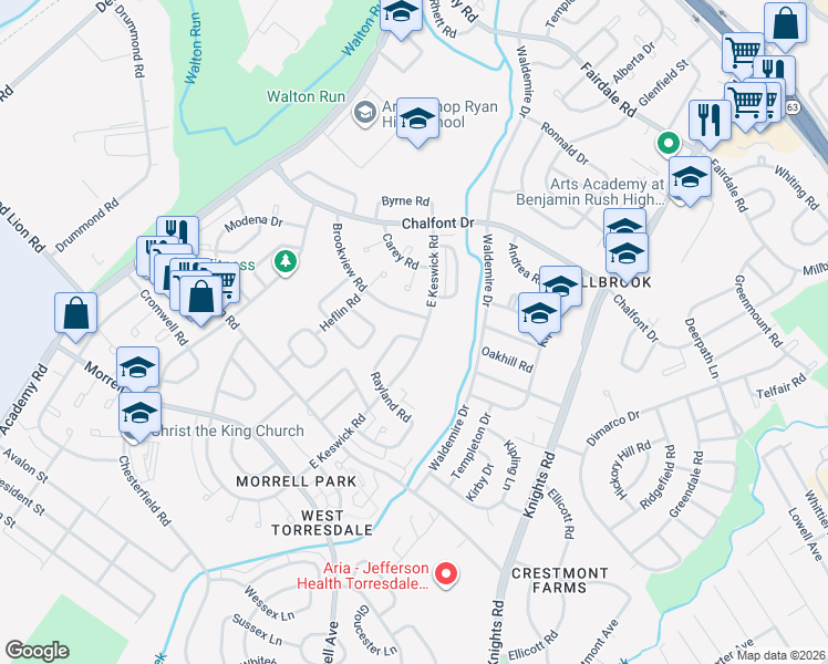 map of restaurants, bars, coffee shops, grocery stores, and more near 10836 East Keswick Road in Philadelphia