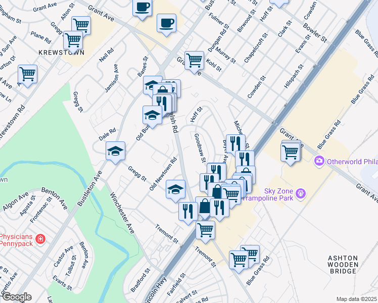 map of restaurants, bars, coffee shops, grocery stores, and more near 2015 Welsh Road in Philadelphia