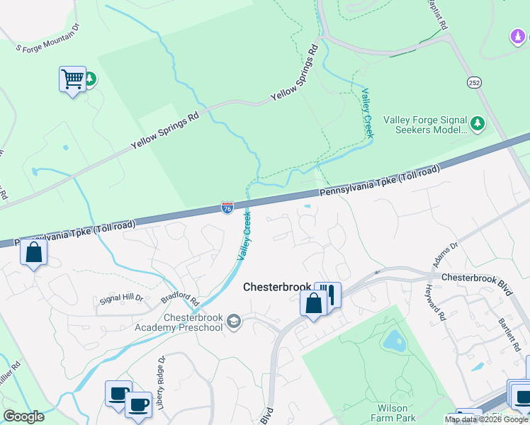 map of restaurants, bars, coffee shops, grocery stores, and more near 1630 Wilson Road in Chesterbrook