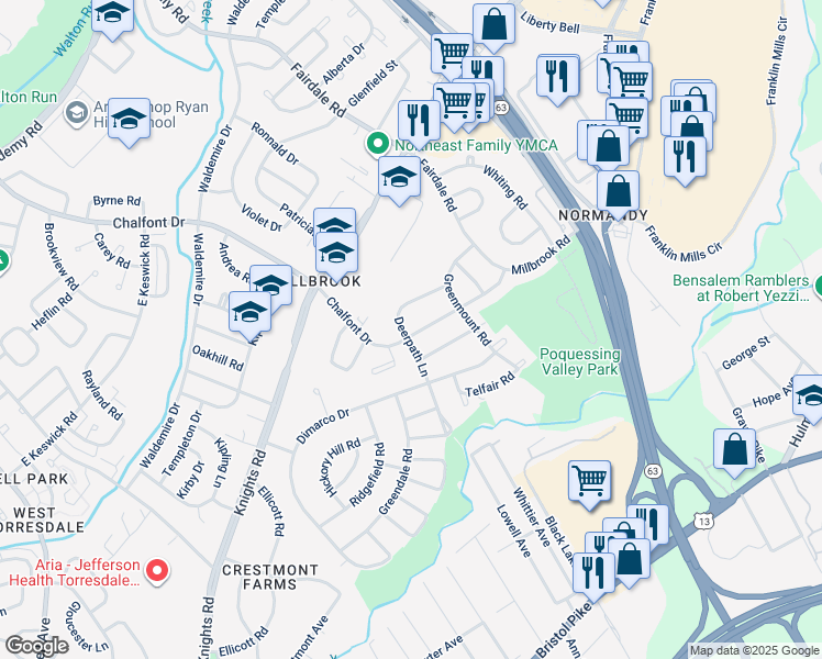 map of restaurants, bars, coffee shops, grocery stores, and more near 4355 Deerpath Lane in Philadelphia