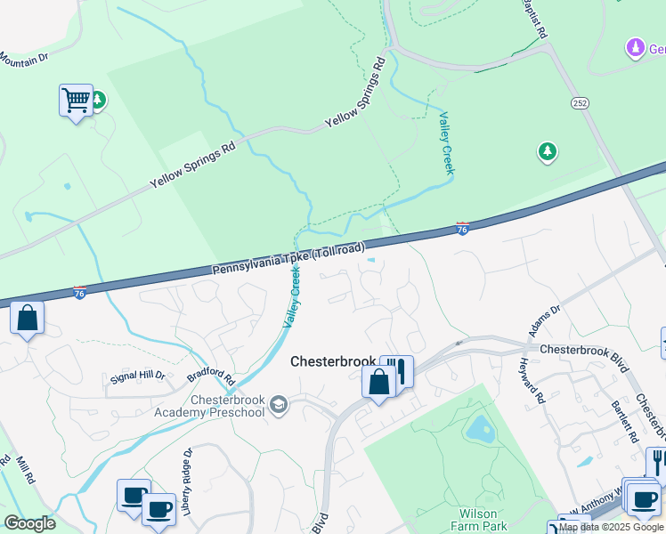 map of restaurants, bars, coffee shops, grocery stores, and more near 71 Iroquois Court in Chesterbrook