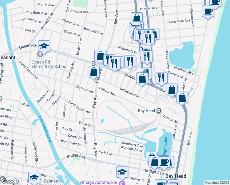 map of restaurants, bars, coffee shops, grocery stores, and more near 245 Osborne Avenue in Bay Head